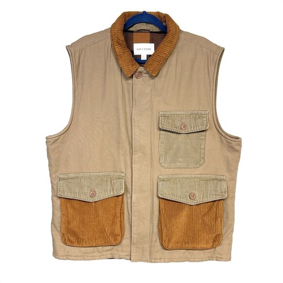 Sun+Stone Corduroy and Khaki Canvas Brown Tan Utility Vest Plaid Lined Men’s XL - Picture 4 of 12